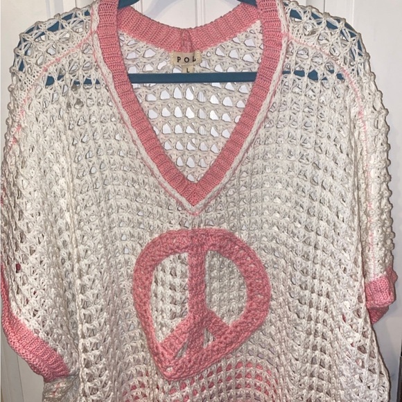 NWOT POL Open Crochet Oversized Peace Sign Sweater in white and pink L - Picture 3 of 12